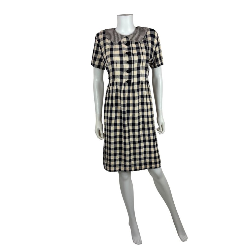 Vintage 90s Gingham Dress Womens Large Navy & Cream Checkered Peter Pan Collar B